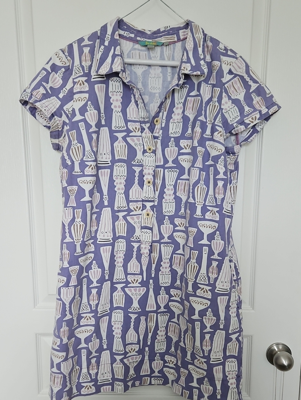 Boden Lavender Printed Polo Dress with Cream Vase Motif, 12